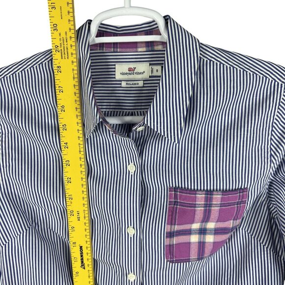 Vineyard Vines Womens 8 Relaxed Fit Purple Striped Button Up Shirt Plaid Pocket - Picture 10 of 15